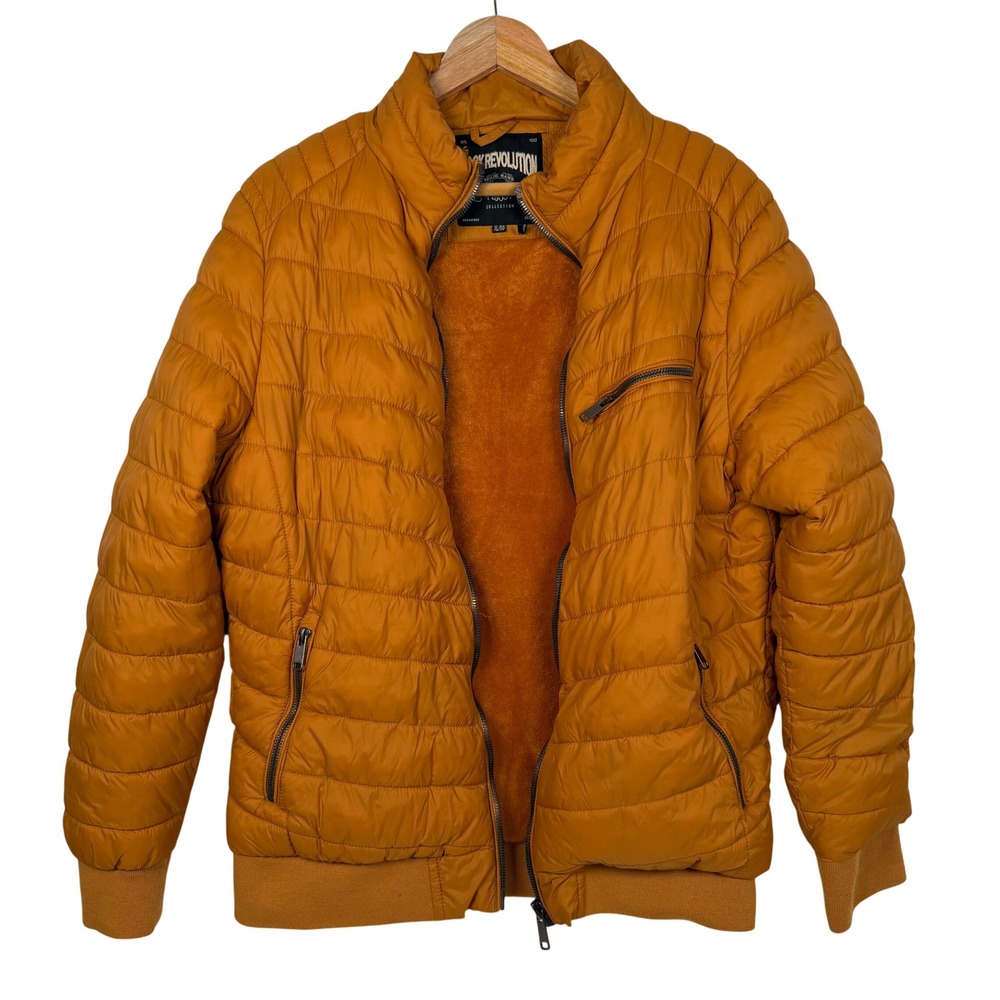 Rock Revolution Mens‎ XL Mustard Yellow Faux Fur Lined Puffer Jacket RR128